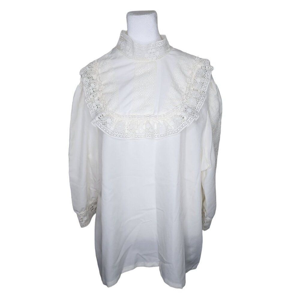 Vintage 80s High Neck Lace Blouse Womens Size 2XL White Romantic Victorian